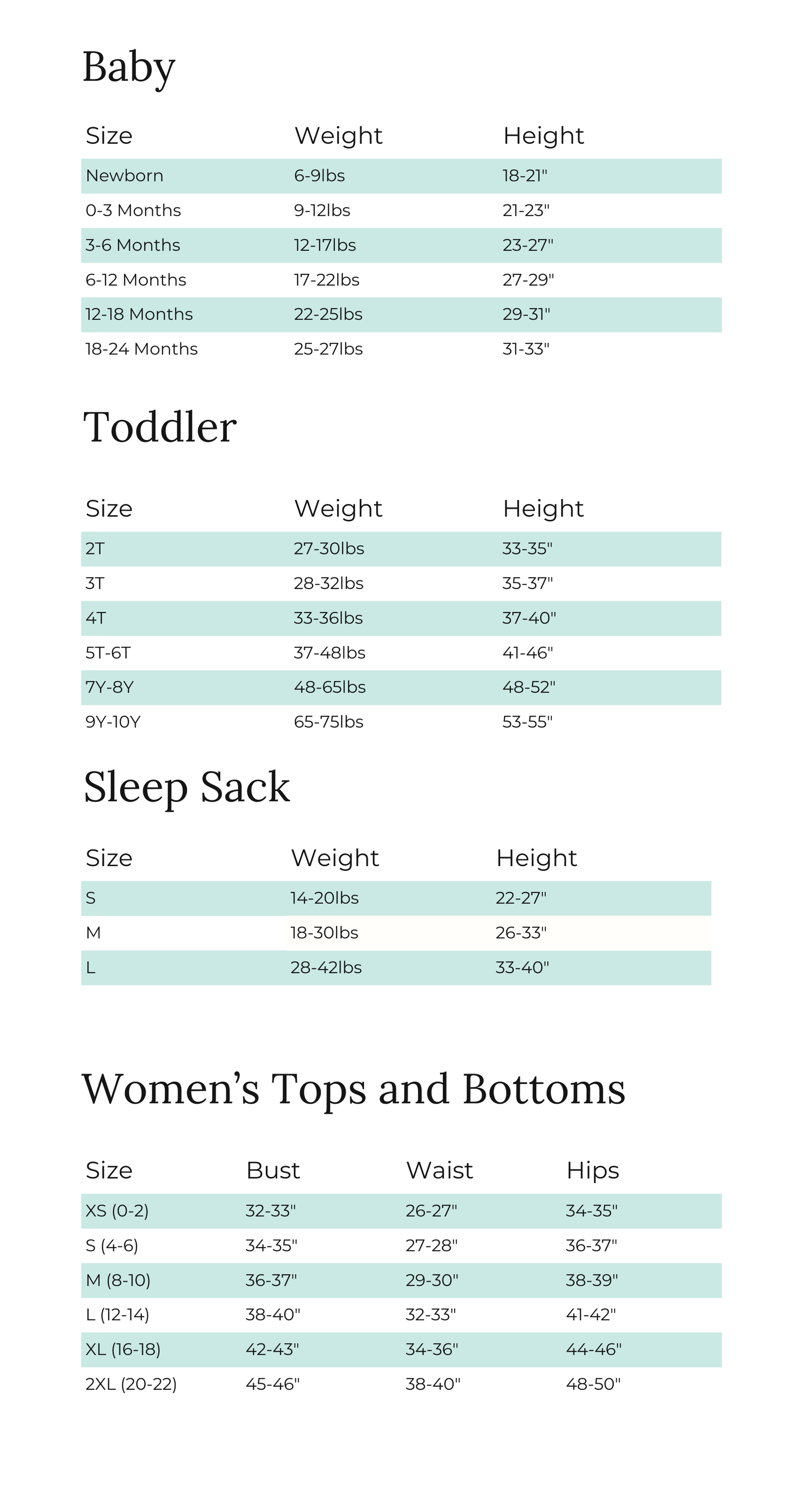 Sizing chart