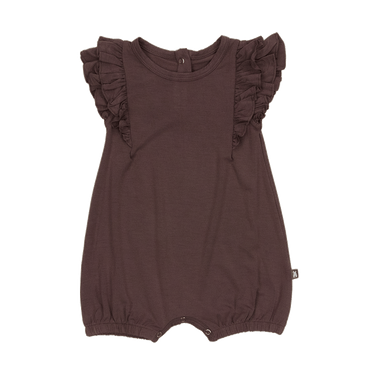 Ruffle Shorty Romper in Choco Chip