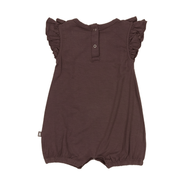 Ruffle Shorty Romper in Choco Chip