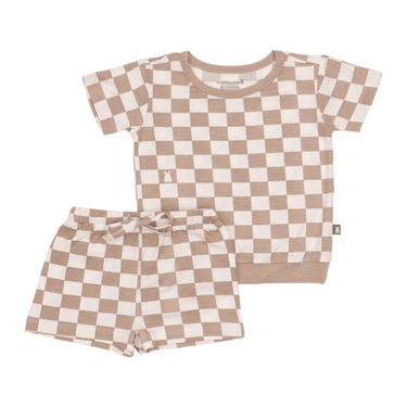 Two-Piece Short Jogger Set in Toffee Check