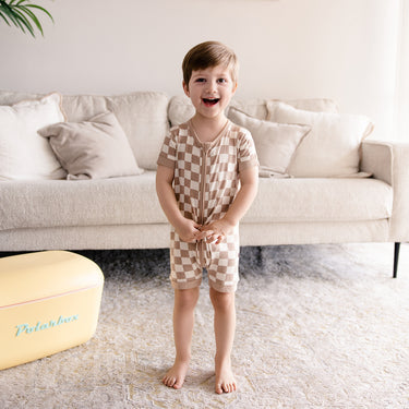 Short Zip Romper in Toffee Check
